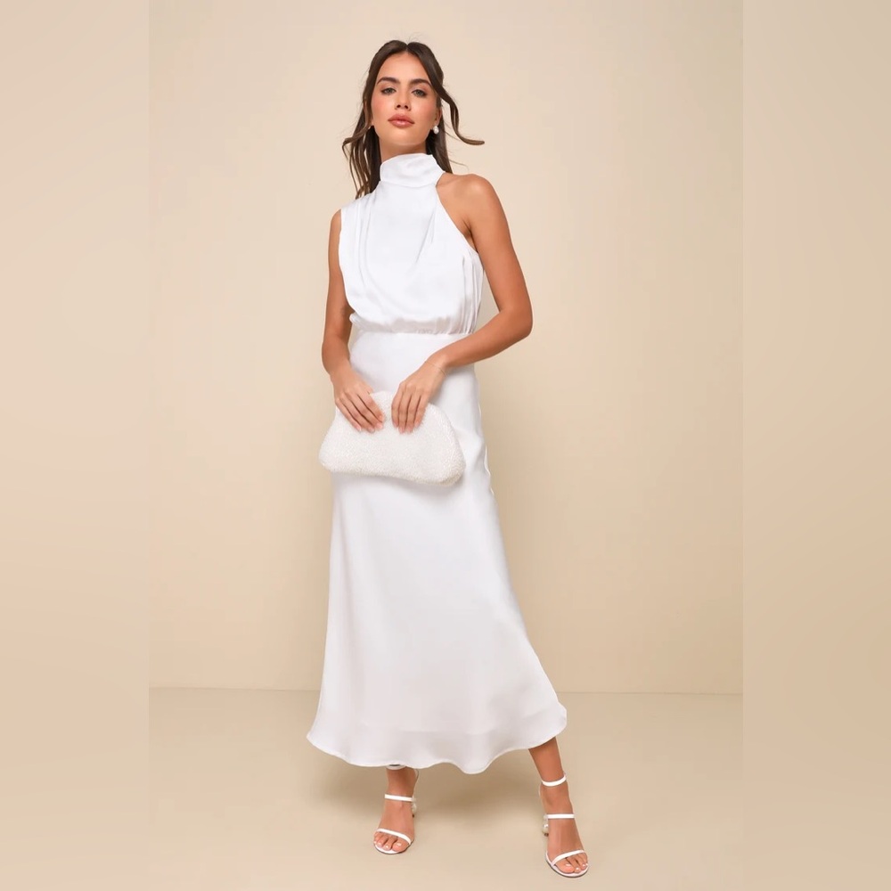 Lulus Distinctive Charm White Satin Asymmetrical Midi Dress Small NEW NWT